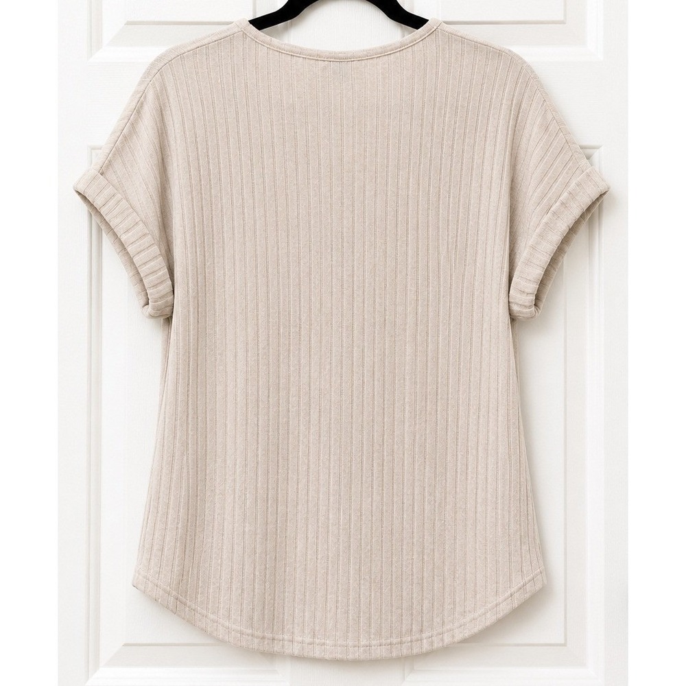Automet Womens Ribbed Henley Top Beige Short Sleeve Cuffed Shirt Medium NWT - Picture 3 of 7